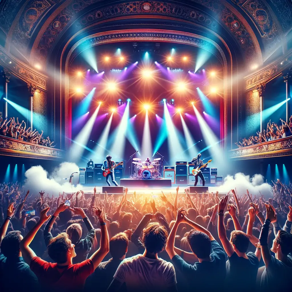 Live concert scene with musicians on stage and cheering crowd in an iconic venue.