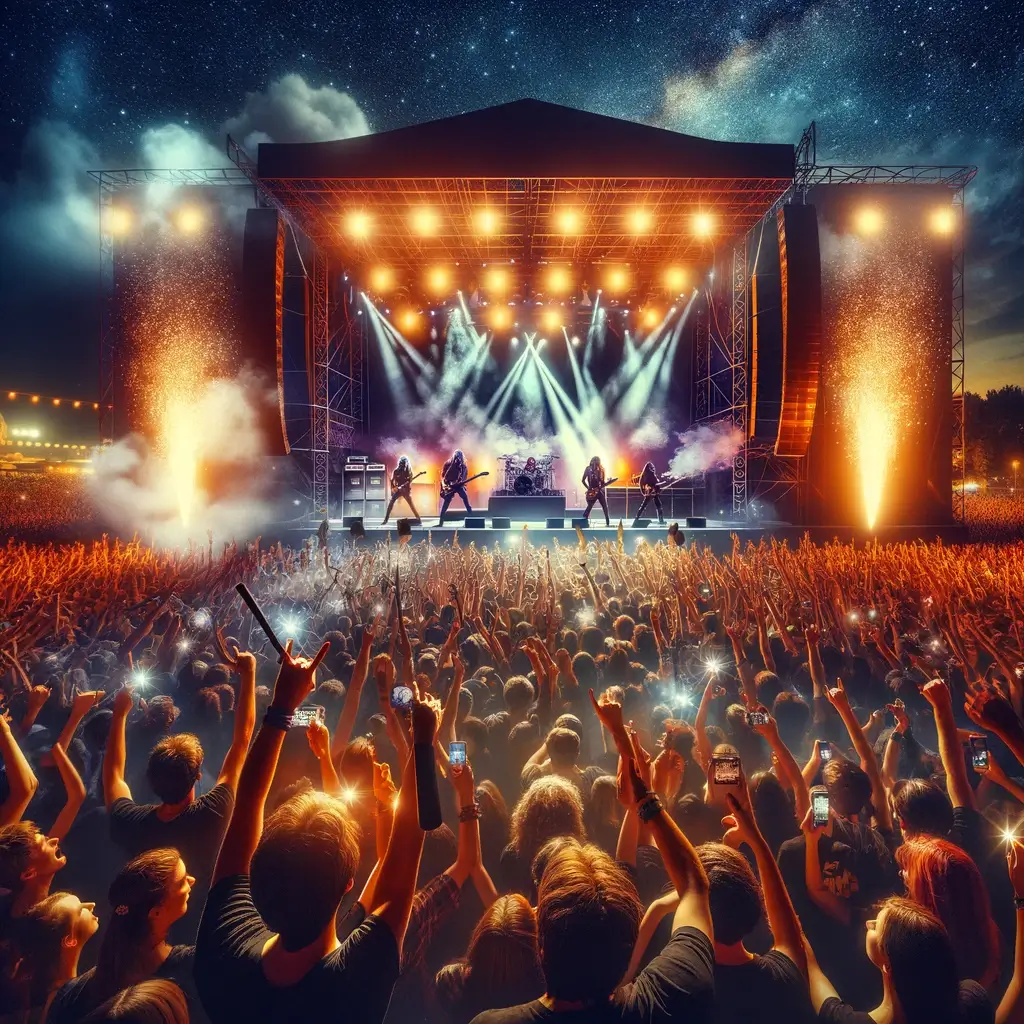 Outdoor rock concert at night with a band performing and fans holding up lights under a starlit sky.